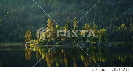 Picturesque lake reflecting a vibrant blue sky amidst a forest. Serene landscape concept. Picturesque lake reflecting a vibrant blue sky amidst a forest. Serene landscape concept. 120315291