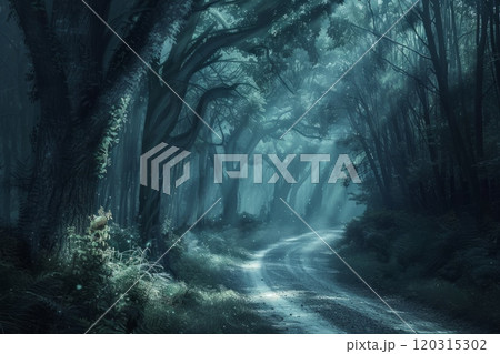 Mysterious dark forest with a narrow path leading through the trees. Eerie woodland concept. Mysterious dark forest with a narrow path leading through the trees. Eerie woodland concept. 120315302