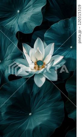 Single white flower with delicate petals against a backdrop of lush green foliage. Purity and nature concept. 120315319
