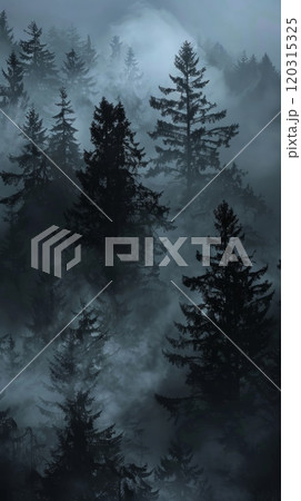 A forest with trees in the background and a misty sky 120315325