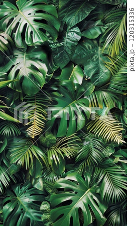 Abstract pattern of green leaves and plants in a dense jungle. Natural background concept. 120315336