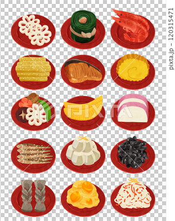 おせち料理品目セット_赤小皿　水彩風手描きイラスト 120315471