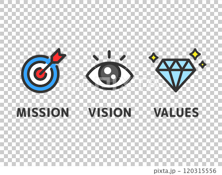 Mission, vision, and values icon (line drawing color) illustration 120315556