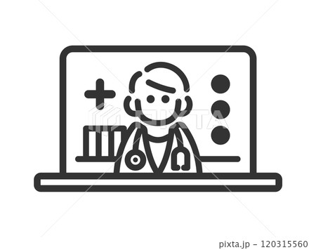 PCでオンライン診療する、男性医師のアイコン（線画）のイラスト 120315560