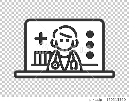 PCでオンライン診療する、男性医師のアイコン（線画）のイラスト 120315560