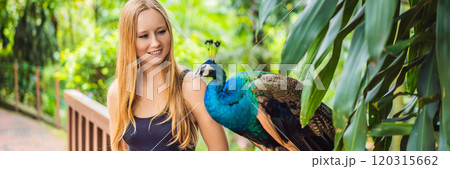 Young woman looks at a peacock in the park BANNER, LONG FORMAT Young woman looks at a peacock in the park BANNER, LONG FORMAT 120315662