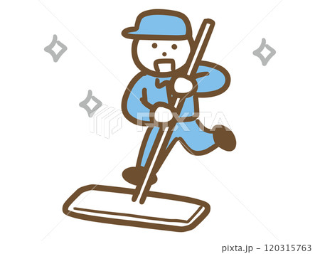 笑顔でモップをかける清掃員の若い男性(全身) 120315763