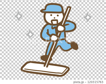 笑顔でモップをかける清掃員の若い男性(全身) 120315763