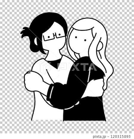 Monochrome illustration of a friendly pair of women hugging each other 120315893
