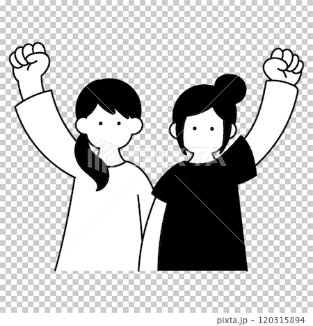 Monochrome illustration of a friendly pair of women standing side by side and raising their fist in a fist Monochrome illustration of a friendly pair of women standing side by side and raising their fist in a fist 120315894