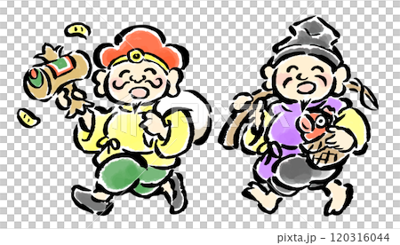 惠比壽天和大黑天快樂地跳躍，手繪筆觸插圖 120316044