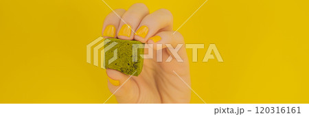 Matcha candy on yellow background. Homemade Matcha BANNER, LONG FORMAT Matcha candy on yellow background. Homemade Matcha BANNER, LONG FORMAT 120316161