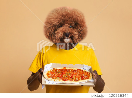 A person wearing a bright yellow t-shirt proudly holds a large pizza with various toppings in front of them. The head of the individual is humorously replaced by the fluffy face of a dog A person wearing a bright yellow t-shirt proudly holds a large pizza with various toppings in front of them. The head of the individual is humorously replaced by the fluffy face of a dog 120316344