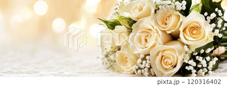 Classic wedding bouquet of white roses, tied with satin ribbon 120316402
