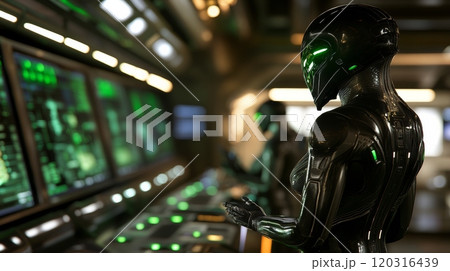 An advanced alien control room with massive holographic screens 120316439