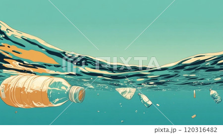 Close-up of ocean waves with plastic waste - bottles 120316482