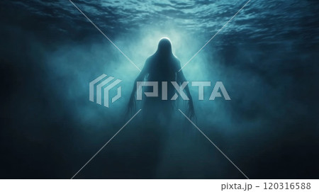 In the dark depths of the ocean, a terrible creature glides on the water 120316588