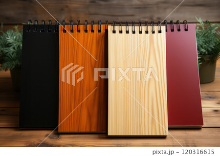 different colorful spiral notebooks, on a wooden background different colorful spiral notebooks, on a wooden background 120316615