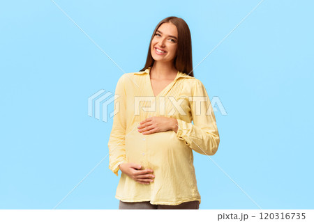 Pregnancy. Positive Pregnant Woman Touching Belly Looking At Camera Standing Over White Studio Background. Copy Space Pregnancy. Positive Pregnant Woman Touching Belly Looking At Camera Standing Over White Studio Background. Copy Space 120316735