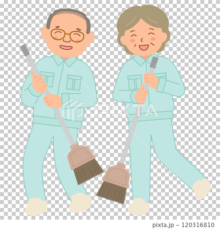 ほうきで掃除をする作業服姿のシニア男女 120316810