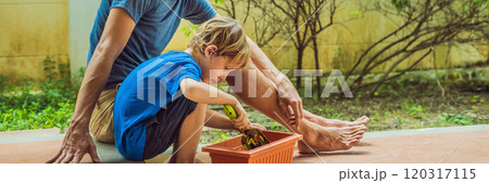 Father and son gardening in the garden near the house BANNER, LONG FORMAT Father and son gardening in the garden near the house BANNER, LONG FORMAT 120317115