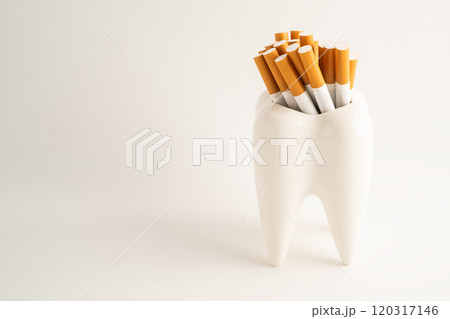 Cigarette with teeth isolated on white background with copy space, No smoking, damage the health of your teeth. Cigarette with teeth isolated on white background with copy space, No smoking, damage the health of your teeth. 120317146