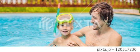 Dad and son in swimming Goggles have fun in the pool BANNER, LONG FORMAT 120317230