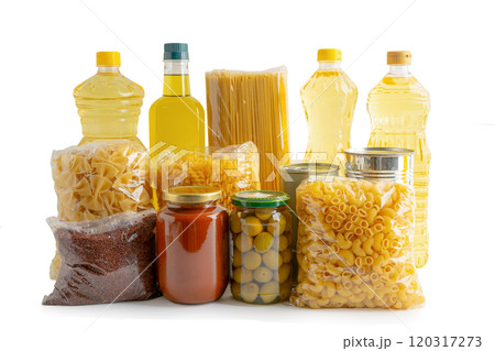 Foodstuffs in donation box isolated on white background with clipping path for volunteer to help people. Foodstuffs in donation box isolated on white background with clipping path for volunteer to help people. 120317273