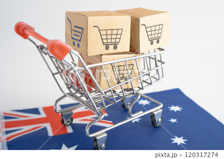 Online shopping, Shopping cart box on Australia flag, import export, finance commerce. 120317274