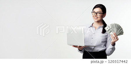 Online Career. Smiling Business Girl Holding Laptop Computer And Cash Money On White Studio Background. 120317442