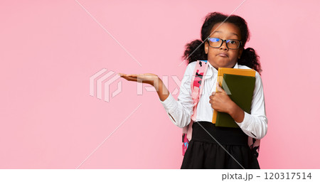 I Don't Know. Puzzled Black School Girl Shrugging Shoulders Holding Books On Yellow Studio Background. Free Space, Panorama I Don't Know. Puzzled Black School Girl Shrugging Shoulders Holding Books On Yellow Studio Background. Free Space, Panorama 120317514
