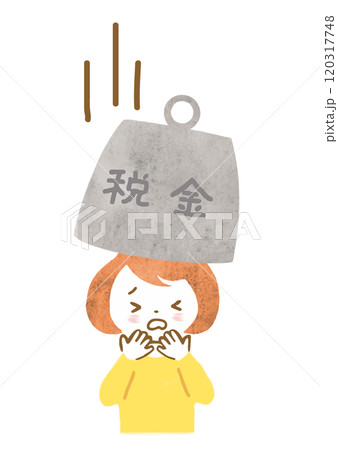 税金の重しが頭に落ちてきた女性の手描きイラスト 税金の重しが頭に落ちてきた女性の手描きイラスト 120317748