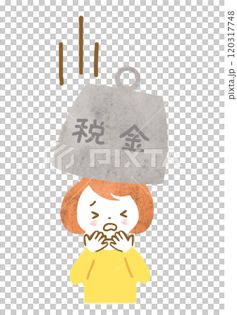 税金の重しが頭に落ちてきた女性の手描きイラスト 税金の重しが頭に落ちてきた女性の手描きイラスト 120317748