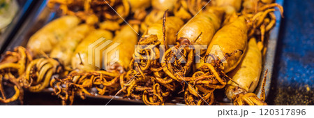 Street foods - Grilled squid Wangfujing night market BANNER, LONG FORMAT Street foods - Grilled squid Wangfujing night market BANNER, LONG FORMAT 120317896