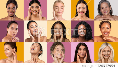 A vibrant collage features women of various ages performing skincare routines. Each woman expresses joy while applying products, set against colorful backdrops. A vibrant collage features women of various ages performing skincare routines. Each woman expresses joy while applying products, set against colorful backdrops. 120317954