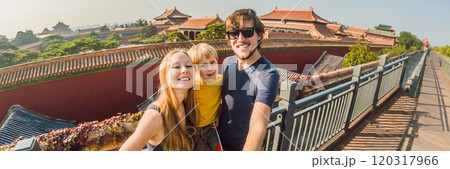 Enjoying vacation in China. Happy family with national chinese flag in Forbidden City. Travel to China with kids concept. Visa free transit 72 hours, 144 hours in China BANNER, LONG FORMAT 120317966