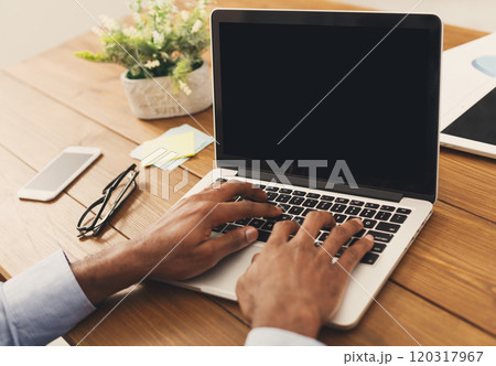 Unrecognizable african-american businessman working on laptop in modern office, side view, copy space 120317967