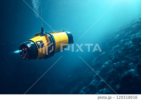 Remotely operated vehicle exploring deep ocean floor Remotely operated vehicle exploring deep ocean floor 120318016