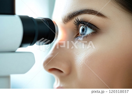 Ophthalmologist examining patient's eye with modern equipment in clinic 120318037