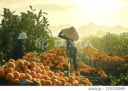 Farmers harvesting oranges in scenic orchard at sunrise 120318040