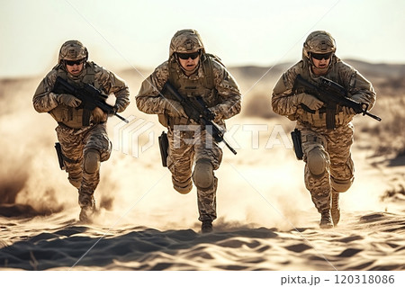 Squad of armed soldiers running on desert battlefield during military operation 120318086