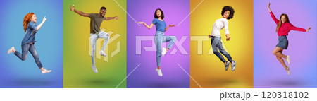 Full length of joyful millennial international people jumping together, smiling at camera over bright neon studio backgrounds, panorama. Young guys and ladies celebrating success and having fun 120318102