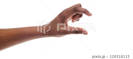 Black female hand measuring invisible items, showing small amount of something with gesture, isolated on white background, panorama 120318115