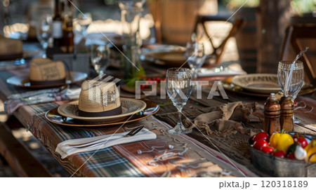A beautifully arranged outdoor dining table features elegant place settings, glasses, and decorative hats, inviting an intimate gathering in a serene natural setting. 120318189