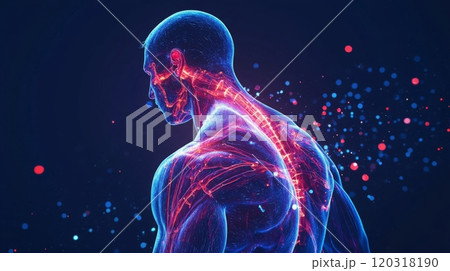 A vibrant, neon depiction of a human body highlights the spine and nervous system against a deep blue background, accented by subtle, floating particles. A vibrant, neon depiction of a human body highlights the spine and nervous system against a deep blue background, accented by subtle, floating particles. 120318190