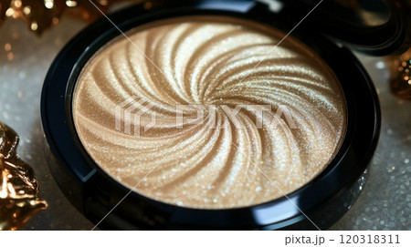 A luxurious golden highlighter compact showcases an intricate swirled pattern, perfect for adding a radiant touch during the holiday season, placed against a shimmering background of festive decor. 120318311