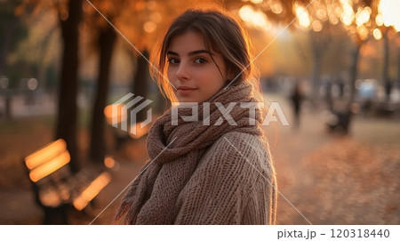 A young woman stands in a park surrounded by autumn foliage, wearing a thick sweater and scarf. The warm hues of the setting sun illuminate her relaxed expression, creating a peaceful atmosphere. 120318440