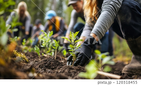 Dedicated volunteers gather in a vibrant forest, planting young trees into nutrient-rich soil for environmental restoration. 120318455