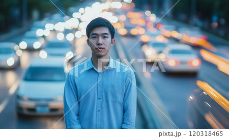 A young man stands still amidst the fast-moving traffic of a bustling city street during twilight 120318465
