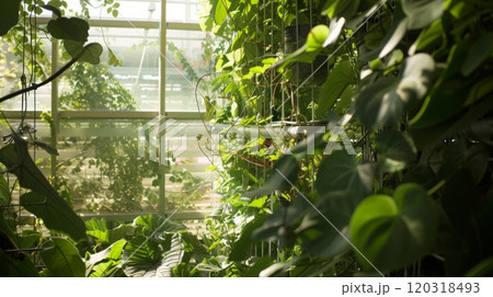 A close-up view of a green wall inside a greenhouse. Sunlight streams through the windows, illuminating the lush greenery. 120318493